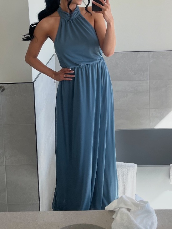 Azazie Dresses & Skirts - Feminine Bridesmaid Flirty Quiet Luxury Azazie Slate Blue Halter Maxi Dress